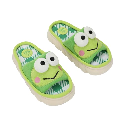 Bioworld Keroppi 3D Character Face Art Women's Green & White Plaid Open-Toed Slide Slippers