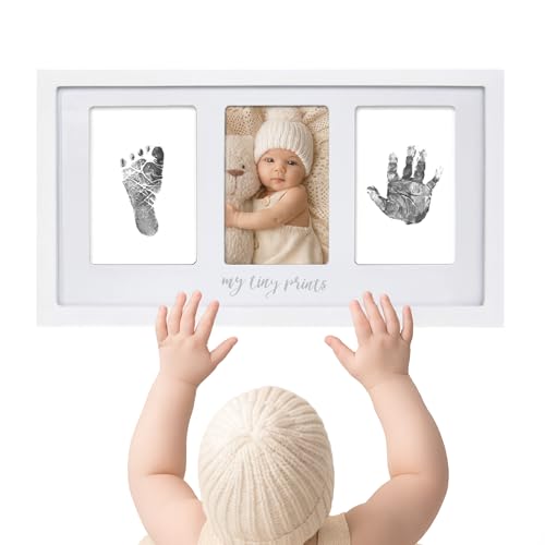 Image of Felt Like Sharing My Tiny Prints Newborn Baby Handprint and Footprint Kit – Photo Keepsake Frame with Ink Pad for Baby Hand and Footprints – Great New Parent Present – 17” L x 9.5” H (White)