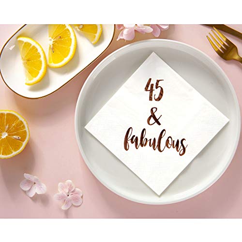 45 & Fabulous Cocktail Napkins, 50-Pack 3ply White Rose Gold 45th Birthday Dinner Celebration Party Decoration Napkin