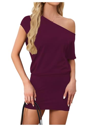 Image of SOLY HUX Women's Off The Shoulder Mini Dress Going Out Asymmetrical Neck Short Sleeve Casual Bodycon T Shirt Dresses