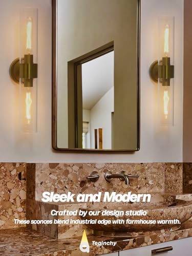 Image of Modern Wall Sconces Set of Two, Brass Gold Bathroom Light Fixtures with Handblown Clear Glass Hardwired Wall Mounted Lamp for Bathroom Vanity Bedroom Livingroom Hallway