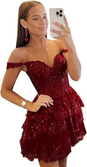 Short Sparkly Homecoming Dresses for Teens Off Shoulder Sequin Prom Party Dresses for Women