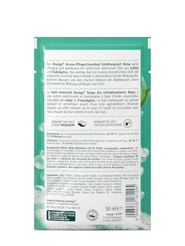 Kneipp Aroma-Pflegeschaumbad Erkältungszeit Relax - Entspannung und Wohlbefinden mit der Kraft ätherischer Öle - Badezusatz mit natürlichen ätherischen Ölen aus Salbei und Eukalyptus - 50ml
