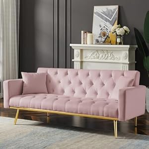 73" Modern Velvet Sofa Bed Futon,Convertible Sleeper Sofa Couch with 3 Angle Adjustable Backrest, Modern Loveseat with 4 Golden Metal Legs for Living Room and Bedroom (Pink) 73 Modern Velvet Sofa Bed FutonConvertible Sleeper Sofa Couch with 3 Angle Adjustable Backrest Modern Loveseat with 4 Golden Metal Legs for Living Room and Bedroom Pink