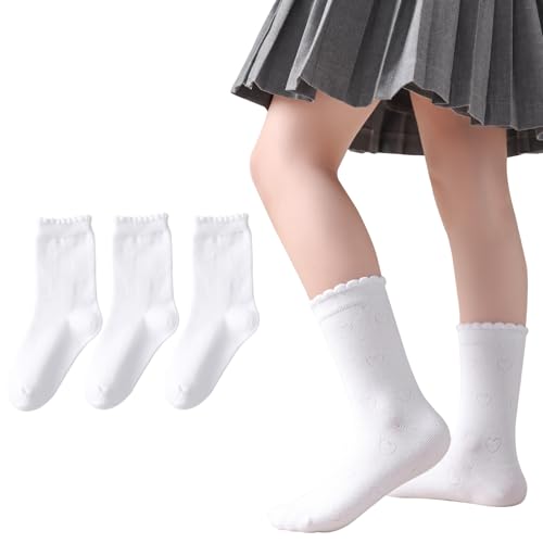 Marchare Girls Ruffle Socks White Dressy Socks School Uniform Sock Heart Bow Design For Girl