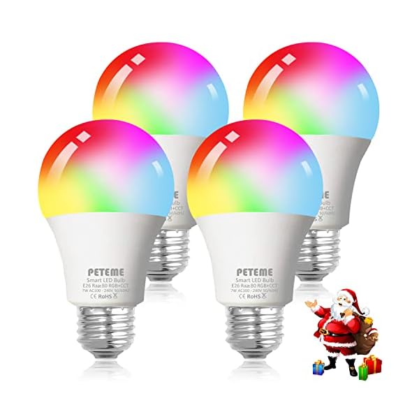 Peteme Smart WiFi Alexa Light Bulb, Led RGB Color Changing Bulbs, Compatible with Alexa, Siri, Echo, Google Home (No Hub Required), E26 A19 60W Multicolor (4 Pack)…