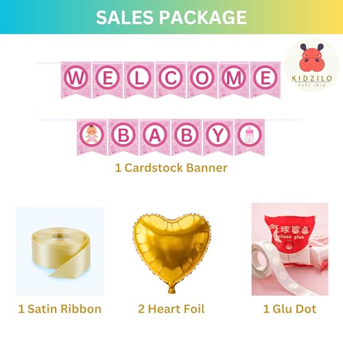 Image of 57 Pcs Welcome Baby Girl Decoration Kit | Balloons, Banner, Curtains, Foils, Stars, Hearts, Ribbon & Confetti for Baby Shower & Newborn Celebration Set 19