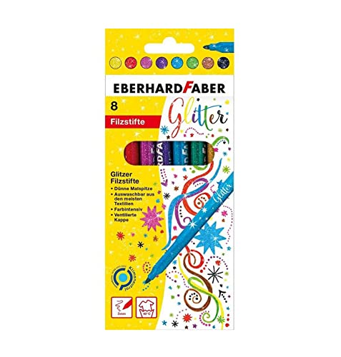 Eberhard Faber 551008 - Pennarelli glitterati in 8 colori brillanti, spessore mina 3 mm, lavabili in scatola di cartone, per decorare, disegnare, fare bricolage e scrivere