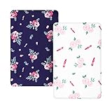 TILLYOU Microfiber Mini Crib Sheets for Baby Boy Girl, Fitted Pack N Play Playard Sheet Set, No-Stretch and Breathable Mattress Cover Over Playpen, 38”x24”x5”, 2-Pack ,Navy & White Roses