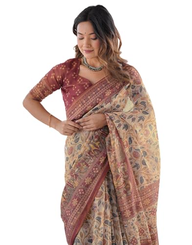 Image of SIRIL Women's Cotton Linen Kalamkari Printed Handloom Saree with Unstitched Blouse Piece