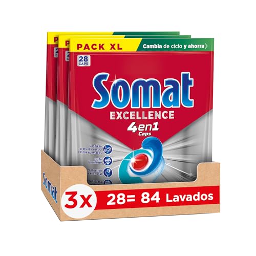 Somat Excellence 4 en 1 Pastillas (3 x 28 tabs), detergente lavavajillas que elimina los residuos quemados, pastillas lavavajillas con brillo excelente, jabón para vajilla