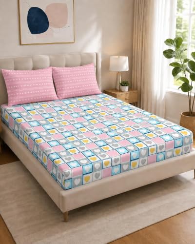 Image of RD TREND Premium Elastic Fitted Bedsheet for Double Bed King Size(78x72x8 Inches) with 2 Pillow Covers Size (18x28 Inches) Color- Pink Heart