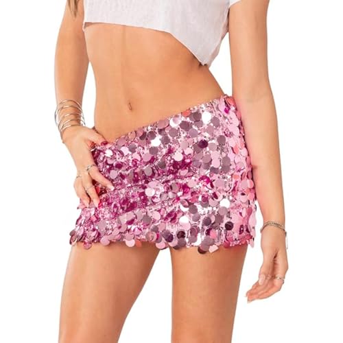 ANKOMINA Women's Sexy Shiny Sequin Mini Skirt Glitter Low Waist Pencil Skirts Bodycon Dance Party Club Short Skirt, Pink, S