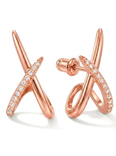 MUMREUES Rose Gold Earrings for Women Trendy 14K Rose Gold Plated Cubic Zirconia Diamond Stud Earrings 925 Sterling Silver Post Minimalist Lightweight Hypoallergenic Simple Jewellery Gift for Her