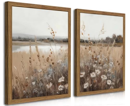 Framed Vintage Wildflower Wall Art Set of 2, Retro Country Floral Canvas Wall Decor...