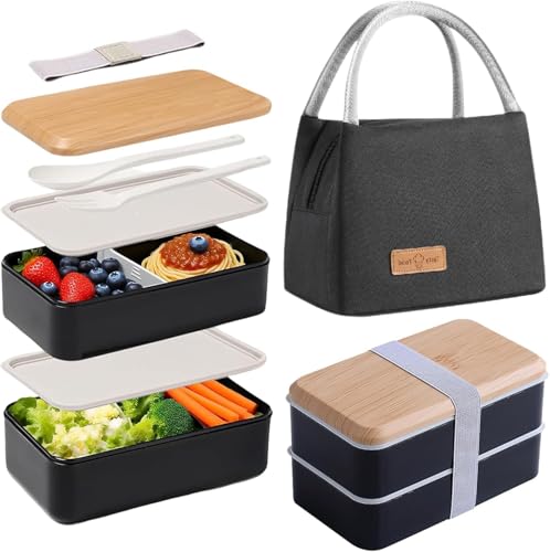 Aiuuee Bento Lunch Box, 1400 ml 2 Etages Bento Lunch Box Isotherme avec 8L Lunch Bag, Hermétique Boite Repas avec Couverts, Bento Box Micro-Ondable, Boite a Lunch...