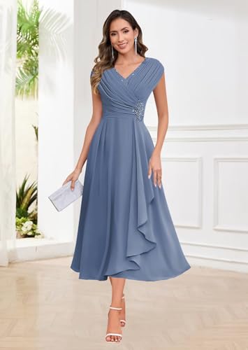 Tea Length Mother of The Bride Dresses for Women A Line V Neck Pleated Chiffon Wedding Guest Dress4