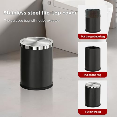 Image of 7L /1.8Gal Stainless Steel Trash can,Bathroom Trash can with lid,Small Trash Can with Flipping Lid, Mini Garbage cans for Kitchen,Living Room. Metallic Gold (7L-Black)