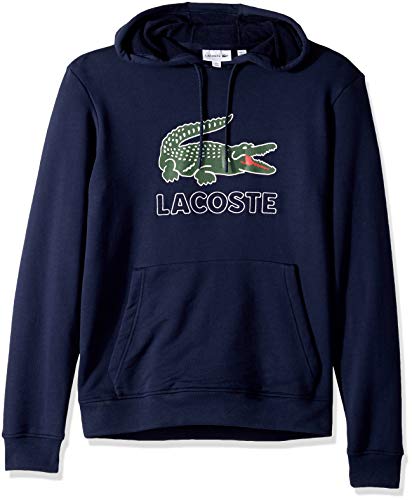 Lacoste Men's Long Sleeve Graphic Croc Brushed Fleece Jersey Hoodie, navy blue, Medium