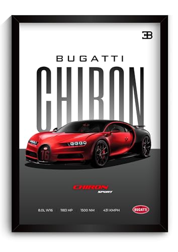 Image of Bugatti Chiron Poster | Framed Bugatti A4 Sized (31 x 23 cm) | Chiron Car Poster for Wall, Gift for Boys, Hypercar Frames | Dream Car Posters for Wall, Bedroom, Hostel, Study Area, Hostel (F 036)