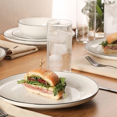 Image of Gibson Home Havenstone 12-Piece Porcelain Dinnerware Set - Dinner Plates, Salad Plates & Bowls, Classic White With Black Rim Everyday Dish Set for Home, Kitchen, Microwave & Dishwasher Safe