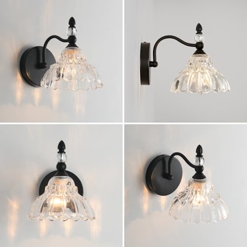 Image of Vintage Wall Sconces, Black Bathroom Sconces Set of 2, Indoor Hardwired Wall Lighting Modern Crystal Bedside Wall Lamp with Floral Glass Shade for Mirror Living Room Hallway