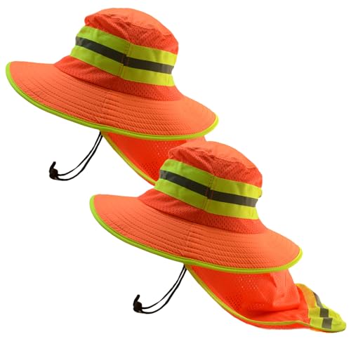 Glory Max High Visibility Reflective Work Safety Bucket Hat Cap Mesh Neck Flap (Full Brim Orange 2Pcs)