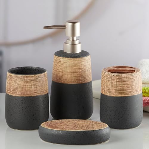 Image of SaSaSa Ceramic Bathroom Accessories Set of 4 Modern Bath Set with Soap Dispenser & Toothbrush Holder, Luxury Home & Gift Idea, Brown /Black (10262)
