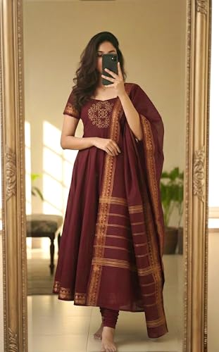 Image of Anarkali Suit Set with Embroidered Yoke, Dupatta and Churidar, Traditional Indian Ethnic Wear for Women