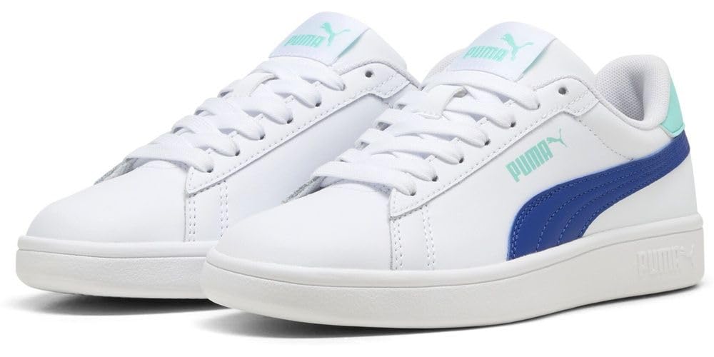 PUMA Smash 3.0 L JR Sneaker, White-Vivid Blue-Aquatic, 3.5 UK