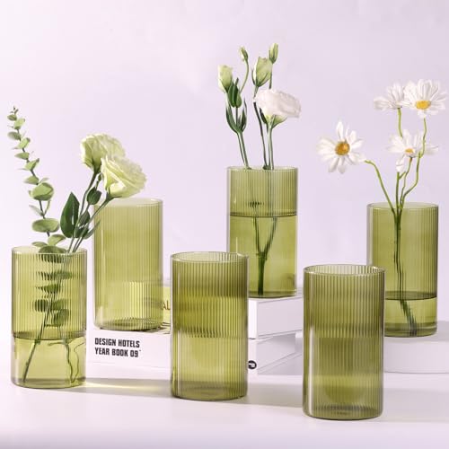 Glass Cylinder Bud vases for Centerpieces 6 Inches Clear Ribbed Glass Vases Bulk for Wedding Table Decor Loral Vase Bulk Flower vases Tall Hurricane Candle Holder for Table Shelf Party (Green)