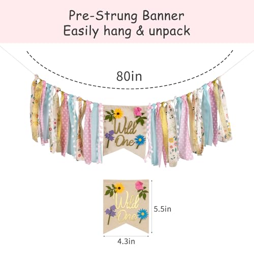 Image of Wildflower High Chair Banner - Floral inchWild One inch First Birthday Decor for Girls, Spring Theme Highchair Garland, 1st Birthday Party Decoration, Baby Shower Photo Backdrop