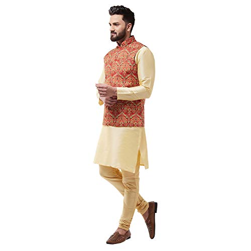Image of SOJANYA (Since 1958 Men's Silk Blend Gold Kurta Pyjama & Printed Nehrujacket Combo
