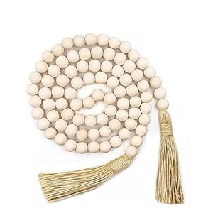 Syyflibb Farmhouse Beads 58in Wood Bead Garland with Tassels Rustic Country Decor Prayer Boho Beads Big Wall Hanging Decor