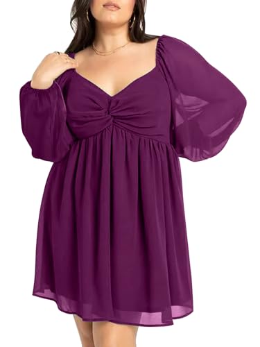 SCOMCHIC Women's Plus Size Puff Long Sleeve Dresses Sweetheart Neckline A Line Short Wedding Guest Cocktail Dress Plum
