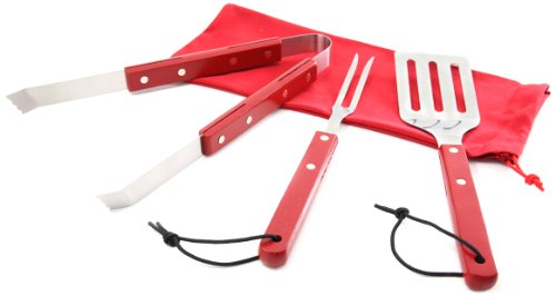 Idelice PR263 760A Lot de 3 Ustensiles Barbecue + Etui de Rangement Inox/Bois Rouge Cover