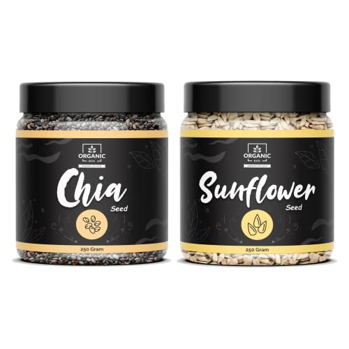 Image of Organic Box 100% Natural and Premium Raw Unroasted Chia Seeds and Sunflower Seeds - 250 Gram Each - Omega 3 and Fiber for Weight Loss - Diwali Gift Pack (500gm)