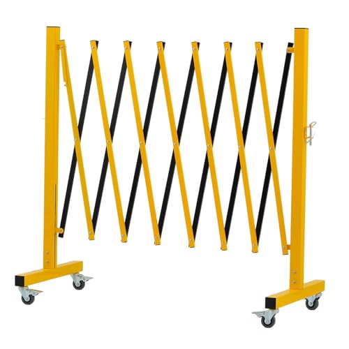 GYMTIME Expandable Metal Barricade, Portable Safety Traffic Barrier with Casters, Mobile Driveway Gate, Adjustable Security Fence, 11 Feet, Yellow and Black