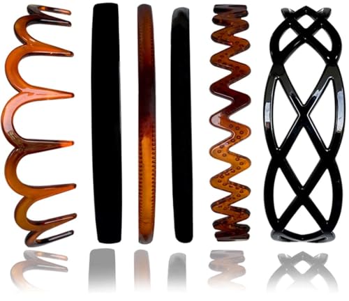 HOMEMATES 6 Pcs Black Brown Simple Fancy Plastic Mix Hair Bands Wavy Hair Comb Headband Teeth Comb Hair Accessories For Girls and Women (Style-2)