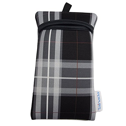 Image of Neoprene Neck Cell Phone Sleeve Bag Pouch w /Clip (Tartan Black Gray)