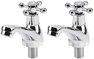 2Pcs Basin Taps Victorian Cross Handle Hot Cold Wash Hand Basin Taps Polished Chrome Basin Bath Basin Pillar Taps for Kitchen Bathroom, Silver-1