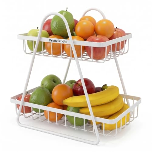 Image of 2 Tier Metal Fruit and Vegetables Basket with Handle | Fruit Vegetables Snacks and Bread Organizer for Kitchen, Dining Table, Livingroom | Bathroom Countertop Stand (Design 1 - White)