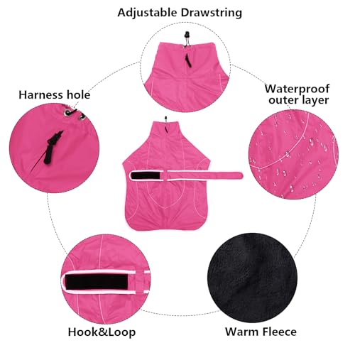 MOREZI Windhund-Wintermantel, Whippet-Mantel mit gepolstertem Fleece-Futter, Wasserabweisende Hundejacke mit verstellbaren Bändern und reflektierenden Elementen-Pink-S