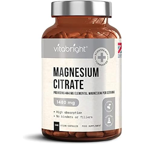 Magnesium Citrate - 1480mg High Strength - 240 Capsules (4 Month Supply) - Vegan Premium Magnesium Capsules - Providing 444mg Elemental Magnesium Supplement - Made in UK by VitaBright Cover