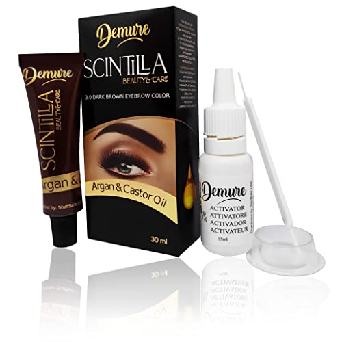 DEMURE - Kit de tinte para cejas, fórmula profesional, tinte de cejas con aceite de argán y aceite de ricino (Omega 6, carotenos, vitaminas A, E, F), resultados rápidos y seguros (3.0, castaño oscuro)