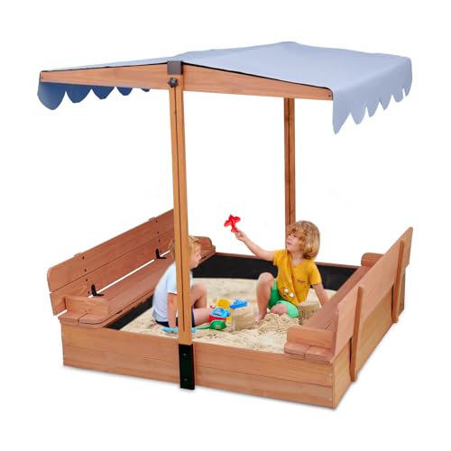FunXplore Wooden Kids Sandbox with Lid Sand Box with Cover for Outdoor with Canopy Ages 4-8, Sand Pit with 2 Foldable Bench Adjustable Roof Bottom Liner