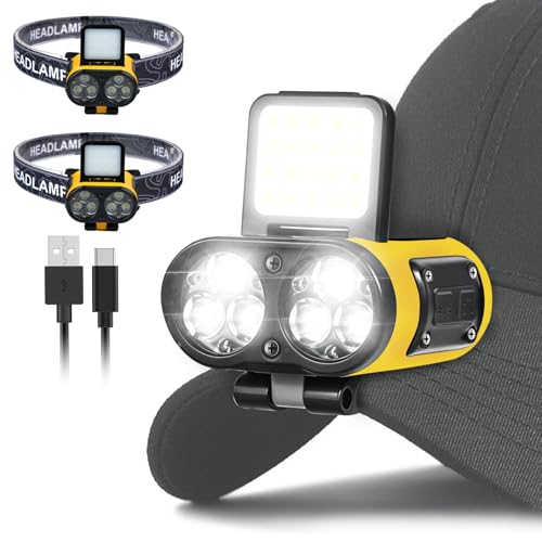 Luz LED para casco, 2 luces regulables con clip, recargable, 180° ajustable, manos libres, linterna frontal impermeable para senderismo, correr, pesca, ciclismo, emergencia (amarillo)