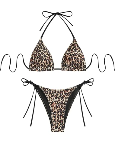 Image of ZAFUL Womens Printed Triangle Bikinis 2 Piece Halter Bikini Sets High Cut Bathing Suit Side Tie Swimsuits