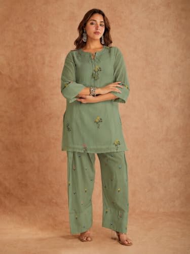 Image of ANNI Designer Farshi Salwar Suit for Women Viscose Embroidered | Co Ord Set for Woman | Straight Kurta Palazzo Outfit Round Neck V Slit 3 /4 Sleeve Ethnic Dress Womens Clothing