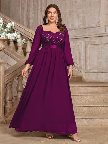Image of MISSMAY Women's Plus Size Sequin Lace Square V Neck Sheer Long Sleeves Formal Evening Chiffon Long Dress